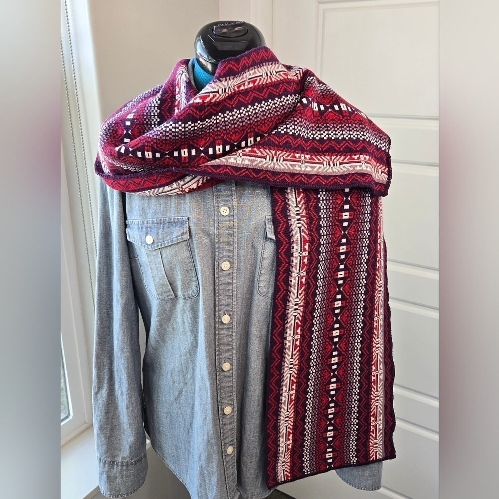 EDDIE BAUER MERINO WOOL BLEND PURPLE & RED SCARF AZTEC TRIBAL GEOMETRIC WOMEN OS